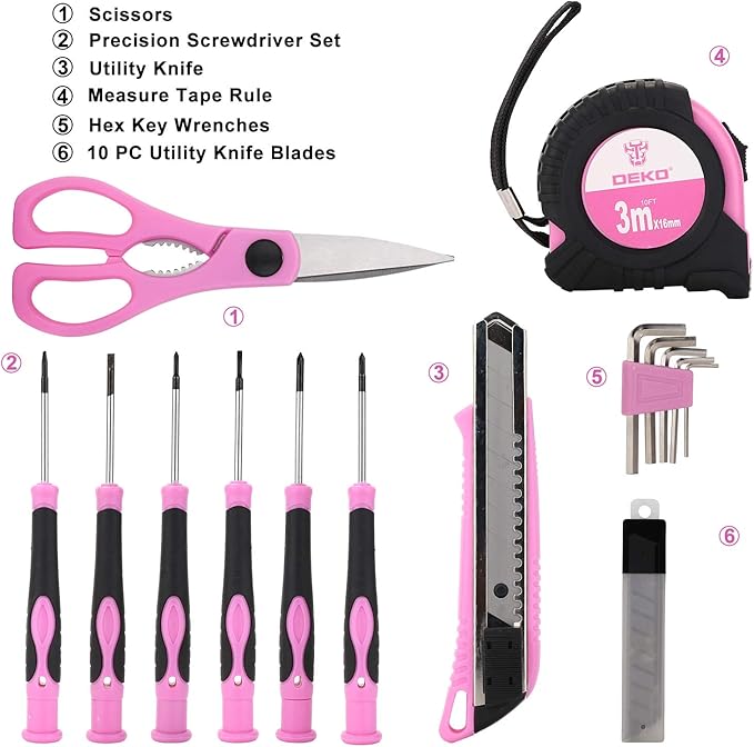 DEKO Pink Tool Set 110 Piece Household Tool Kit,Ladies Portable Tool Set with Easy Carrying Pouch, Perfect for DIY Projects, Home Maintenance