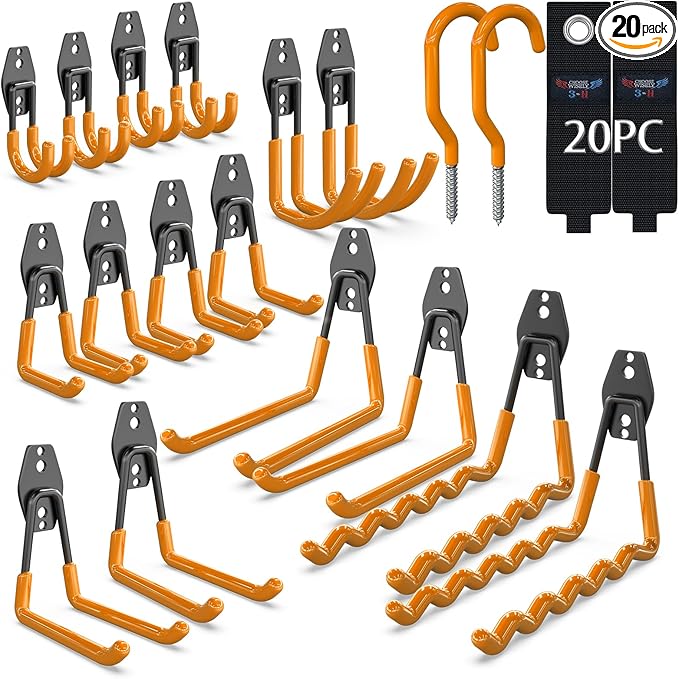 3-H Garage Wall Hooks 20 Pack,Garage Hooks Heavy Duty,Garage Storage Hooks for Hanging and Organizing Garden,Lawn,Yard Tools,Chairs,Ladders,Weed Eater,Shovel,Blower(Orange)
