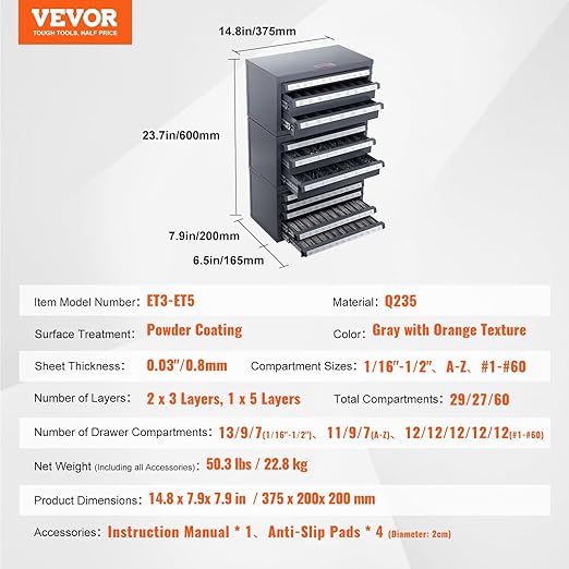 VEVOR Drill Bit Dispenser Cabinet Set, Three-Drawer for 1/16" to 1/2" & Letter Sizes A to Z, Five-Drawer Drill Bit Organizer for Wire Gauge Sizes #1 to #60, 3 Pieces