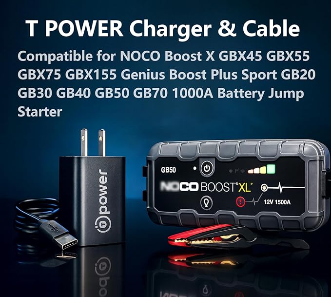 T POWER Charger Cable for NOCO Boost X GBX45 GBX55 GBX75 GBX155 Genius Boost Plus Sport GB20 GB30 GB40 GB50 GB70 1000A Battery Jump Starter Auto Cord Power Supply