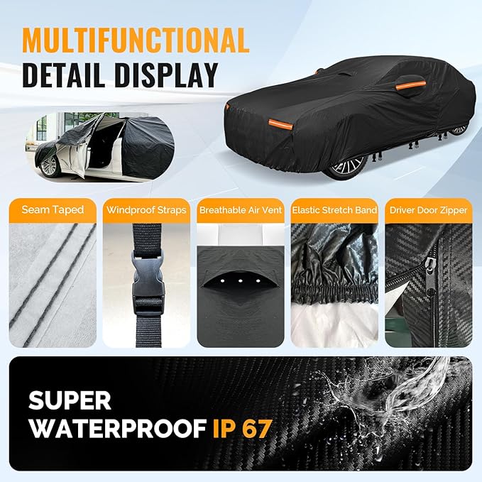 Heavy Duty Car Cover for Automobiles All Weather Waterproof, Outdoor Snowproof UV Protection Windproof, Door Zipper, Soft Cotton Universal Car Covers (Black, Fit Sedans 171"-180")