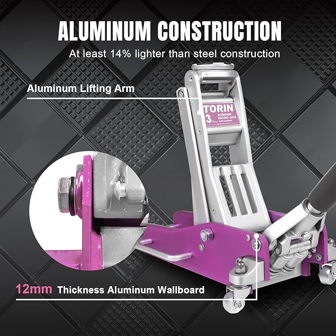 Torin AT830003XLP Aluminum Floor Jack with Dual Piston Quick Lift: Floor Jack with Quick Lift Pump, 3 Ton (6,000 lb) Capacity, Pink