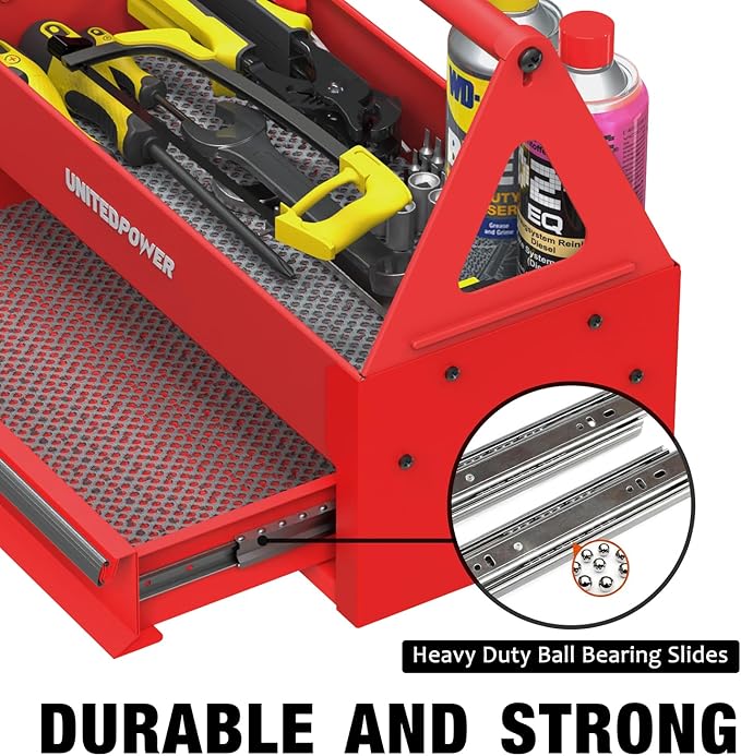 UNITEDPOWER Handy Tool Box With 1 Drawer，Portable Metal Tote Tray with comfortable grip handle, Tool Organization for Household, Warehouse, Repair Shop, Red