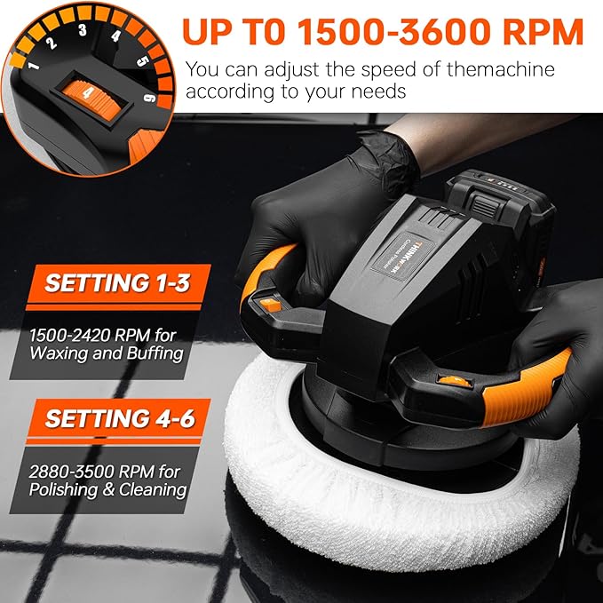 THINKWORK Buffer Polisher, 20V Cordless Buffer Polisher, 10 Inch Portable Polishing Machine Kit for Car, with 2Ah Rechargeable Battery, 6 Variable Speed 1500-3600RPM,Double handle,Ideal for Car Waxing