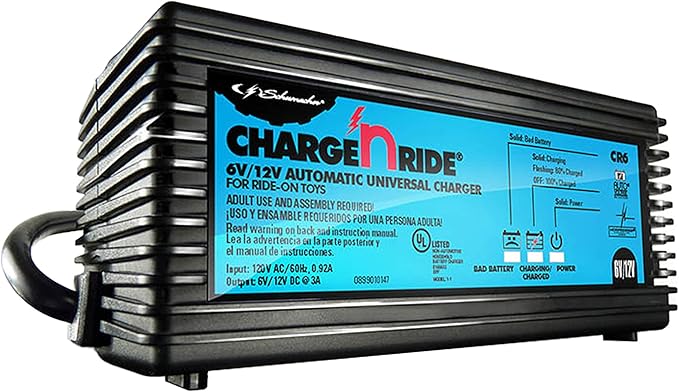 Schumacher Electric 6 Volt / 12 Volt Battery Charger for Ride on Toys - Charge 'N Ride CR6-3 Amp, Fully Automatic 6V / 12V Battery Charger - Charge A 3 or 4 Wheeled Toy Car Battery 3X Faster