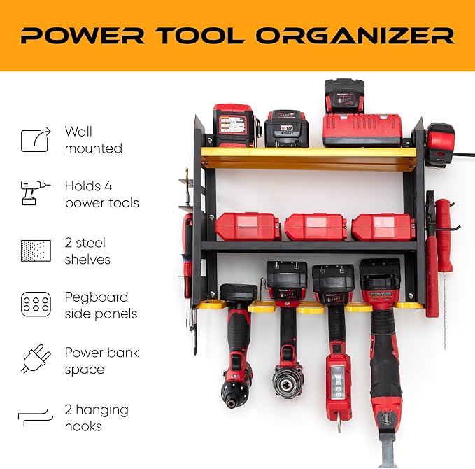 Power Tool Organizer Wall Mount, 4 Layer Heavy Duty Metal Tool Storage Rack with 4 Drill Holders, Pegboard Side Panels & Hooks, Garage Tool Organizer Wall Mount for Cordless Tools, Workshop, Shed