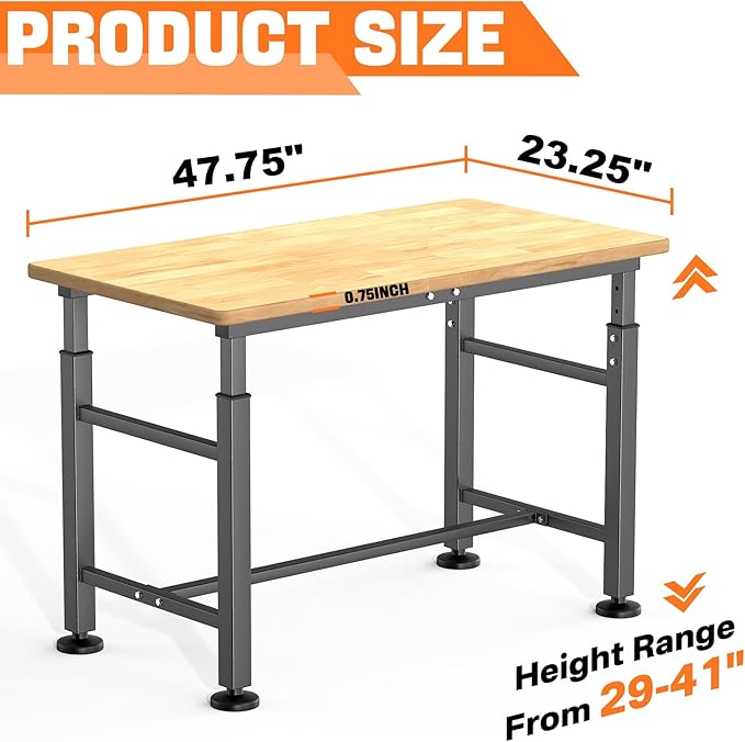TORACK Adjustable Workbench with Rubberwood Top, 47.75" x 23.25" Heavy-Duty Garage Work Table, Height Adjustable 29"–41", Supports Up to 2000 lbs