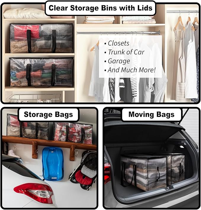 ClearSpace Oversized Moving Bags or Storage Bag – Large Moving Boxes with Backpack Straps, Zippers & Handles – Heavy-Duty Packing Bags for Moving, College Dorm, Christmas Decorations, 2 Pack
