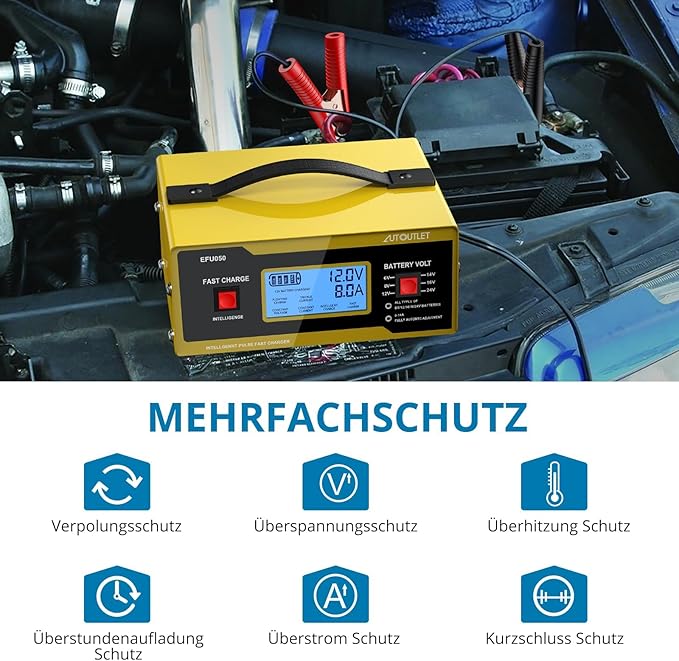 AUTOUTLET Upgraded 6/8/12/14/16/24V Battery Charger Automotive Smart Car Battery Charger and Trickle Maintainer 0-14A Fully Automatic with Cable Clamps