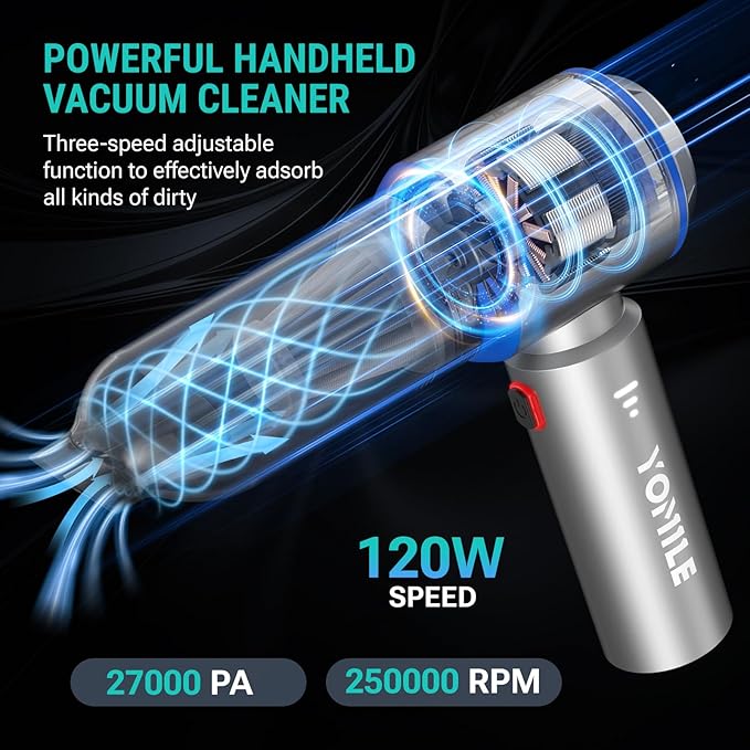 Mini Vacuum Cleaner, 2 in 1 27000PA Brushless Car Vacuum &250000RPM Air Duster 9000mAh Battery Air Blower Wireless Handheld Vacuum for Car,Office and Home (27Kpa)