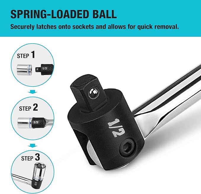 DURATECH Breaker Bar, 1/2'' Drive 17.5-Inch Breaker Bars Heavy Duty, with 240° Flex Head, Spring-loaded Detent Ball, Premium Chrome Alloy Made
