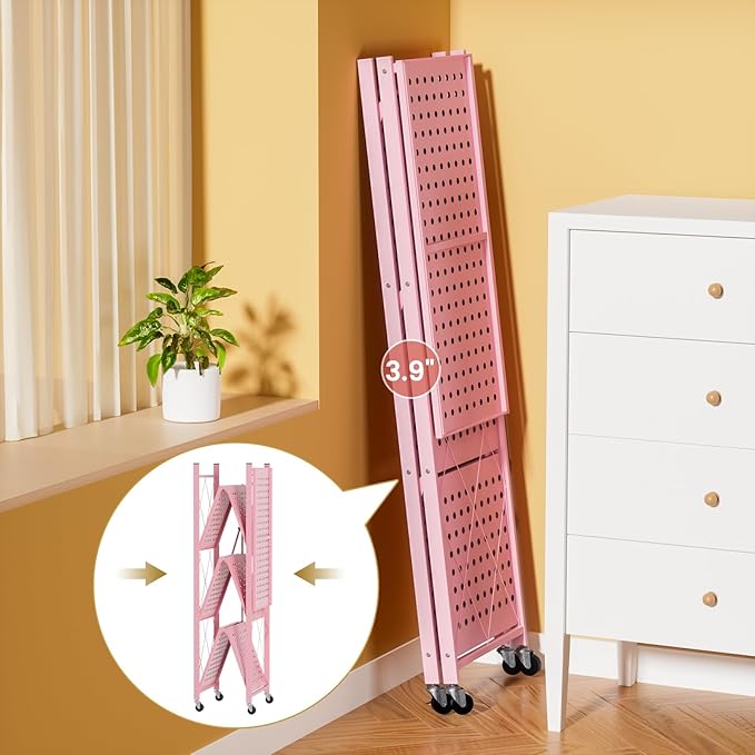 ALANNG Heavy Duty 4-Tier Folding Shelf with Wheels, No Tools Assembly Metal Storage Rack Cart, 264LBS Capacity for Kitchen, Pantry, Laundry Room, Garage, (Pink, 2PACK)