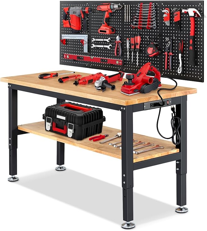 ENJOYWOOD 60" x 22" Adjustable Height Workbench with Under Table Shelf Heavy Duty Rubberwood Top Work Table for Garage, Workshop, Office & Home
