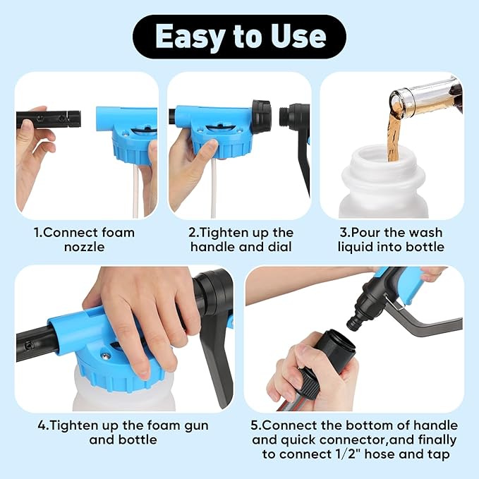 Upgraded Car Wash Foam Gun, Foam Cannon, Adjustable Hose Wash Sprayer with 2.5 to 6 Bars Foam Blaster, NEW Handle, Wash Mitten &Towel, Suitable for Car Cleaning & Garden Use with 1/2” Quick Connector