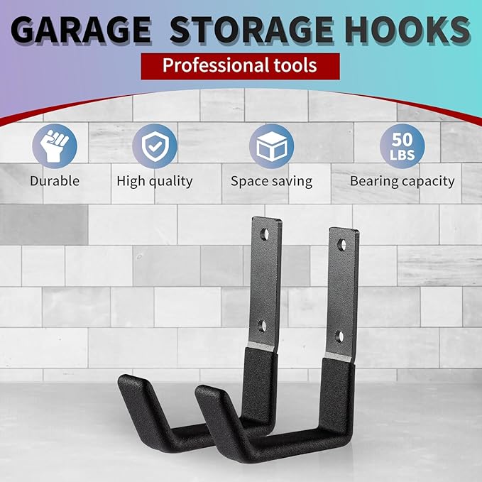 Heavy Duty Wall Mount Hooks - 6 Pack, Small, Organizer with U Hooks Hangers for Garden Hose, Tools & More
