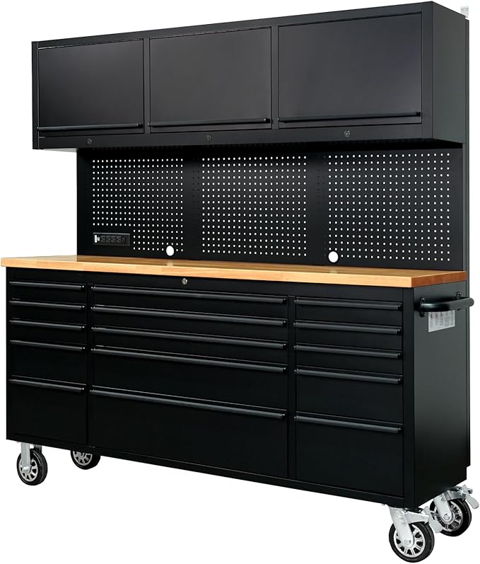 CHETTO C 72-inch Rolling Tool Chest Cabinet Mobile Workbench Black Tool Box with 3 Upper Cabinet 15 Storage Drawers Wheels Outlet SS Pegboard for Warehouses