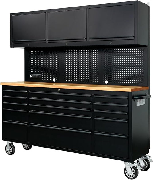 CHETTO C 72-inch Rolling Tool Chest Cabinet Mobile Workbench Black Tool Box with 3 Upper Cabinet 15 Storage Drawers Wheels Outlet SS Pegboard for Warehouses