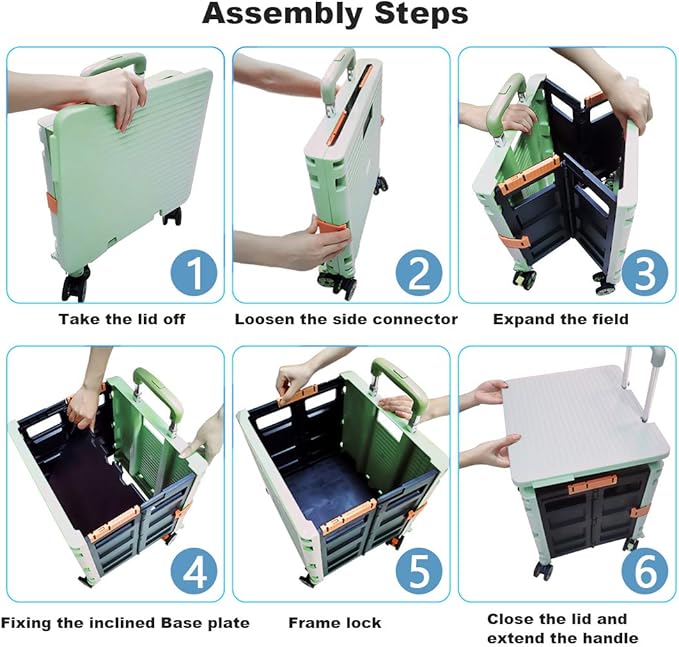 Foldable Utility Cart Folding Portable Rolling Crate Handcart Shopping Trolley Wheel Box with Lid Wear-Resistant Noiseless 360°Rotate Wheel for Travel Shopping Moving Storage Office Use (Green)