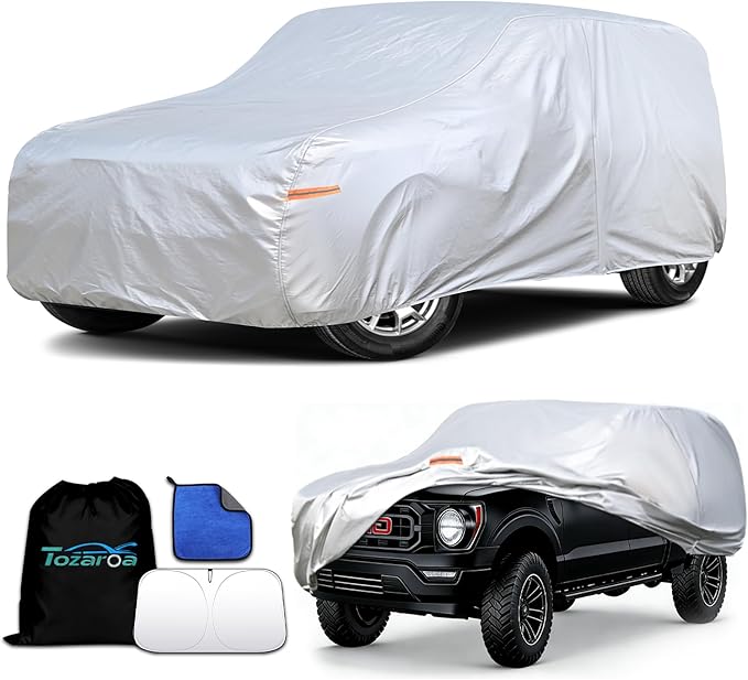 Car Cover Waterproof All-Weather,Heavy-Duty Outdoor Full Exterior Automobiles Snow Cover for Truck 229-242 inch,with Sun Visor,Anti-Scratch Cotton Lining & Zippered,Towel&Storage Bag