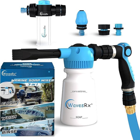 WAVESRX PWC & Boat Wash Sprayer & Engine Flush Mixer to Wash Salt Away | Dual-Use Marine Soap Foamer to Quickly Wash and Rinse | Cleaning Kit for Boating with Garden Hose Quick-Connect