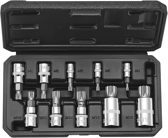 VEVOR XZN Triple Square Spline Bit Socket Set, 10-Piece M4 - M18, Premium Cr-V Steel, 1/4 in, 3/8 in, and 1/2 in Drives, with Enhanced Storage Case, Triple Square Socket Set for Hand Use, Automotive