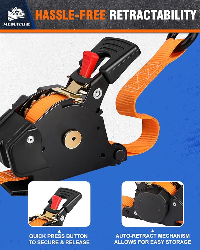 METOWARE Retractable Ratchet Straps (2-Pack) - 1 in x 10 Ft (1500lb Break Strength) - Heavy Duty Auto Self Retracting Tie Down Straps for Truck, Trailer, Cargo Van, Motorcycle - Orange