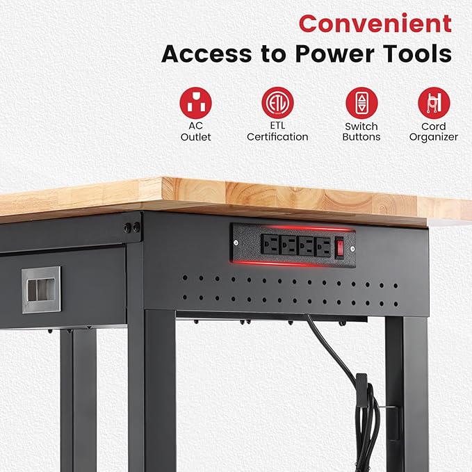 ENJOYWOOD 48" x 24" Garage Workbench Adjustable Height Work Table with Drawers, Pegboard and Power Outlets Heavy Duty Rubberwood Top Work Bench for Workshop & Home