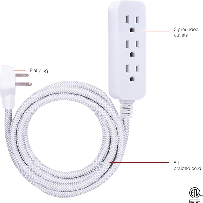 GE 3-Outlet Power Strip 8 Ft Braided Extension Cord with Multiple Outlets Grounded Flat Plug ETL Listed White 38433
