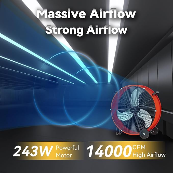 30 Inch Industrial Drum Fan 14000 CFM Ultra High Velocity Floor Fan for Large Warehouse, Shop & Gym - 3-Speed Heavy Duty Metal Cooling Fan with 360° Tilt, Rolling Wheels & UL Safety Listed