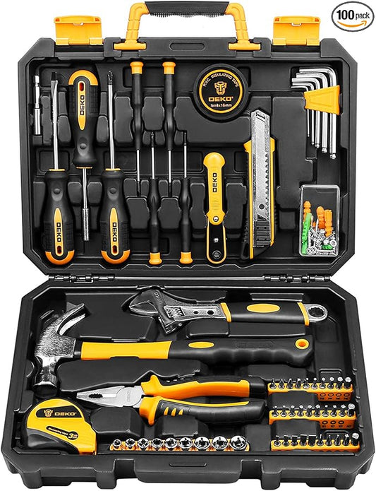 DEKOPRO 100 Piece Home Repair Tool Set,General Household Hand Tool Kit with Plastic Tool Box Storage