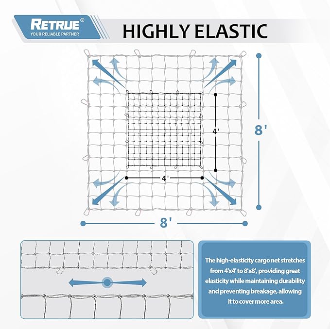Cargo Net for Pickup Truck Bed 4' x 4' Stretches to 8' x 8' with 12 Metal Carabiners - Truck Bed Accessories for Dodge RAM, Ford, Chevy, Toyota