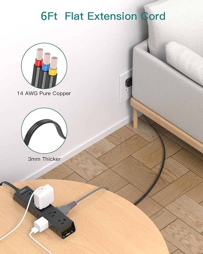6Ft Surge Protector Power Strip - Flat Extension Cord, Addtam 12 Widely 3 Sides Outlet Extender, Wall Mount, Desktop Charging Station for Home Office College Dorm Room Essentials, Black