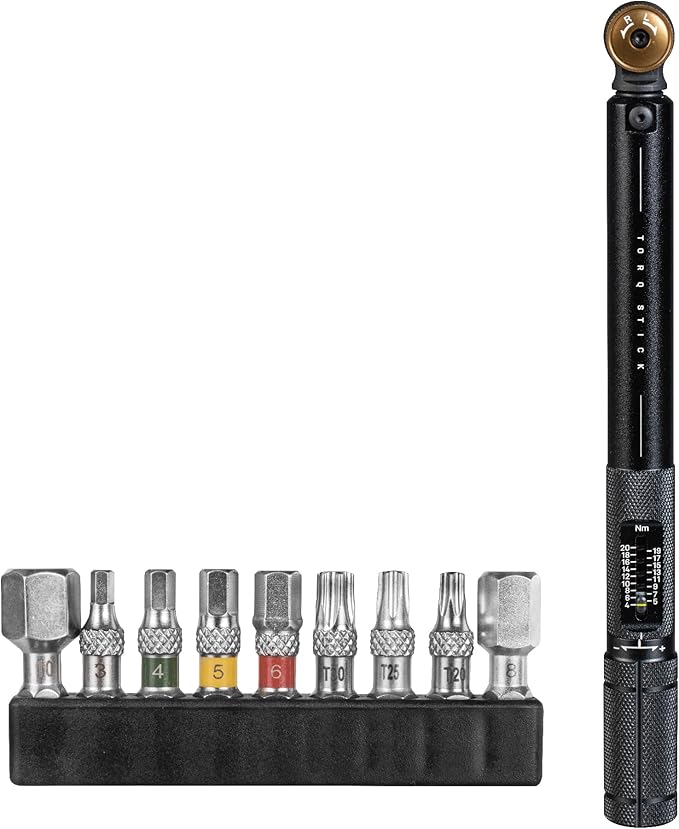Topeak Torq Stick 4–20 Nm Torque Wrench – Adjustable Preset Torque Tool with Reversible Ratchet, 9 Long Bits (3–10 mm Allen & T20/T25/T30 Torx), +/- 4% Accuracy for Bike Maintenance & Repair