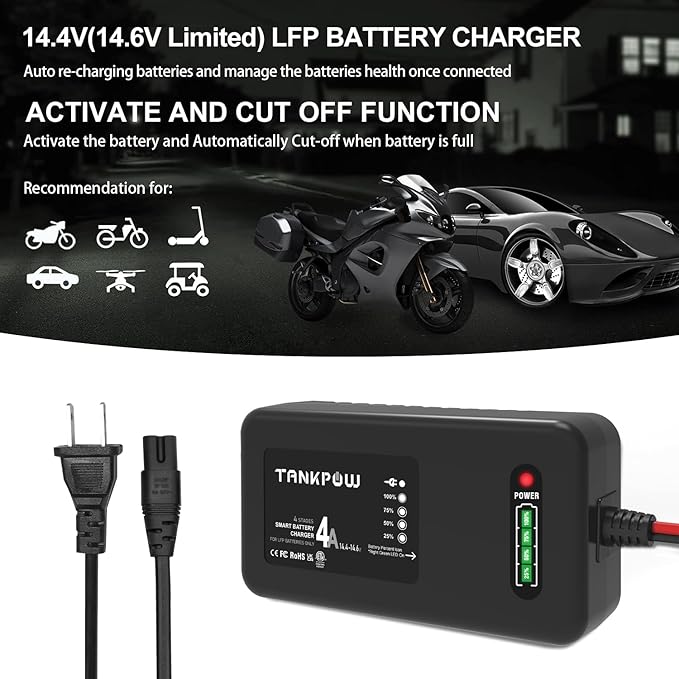 14.6V 4A LiFePO4 Lithium Battery Charger,Smart Battery Charger Maintainer with 4LEDs Indicator,SAE Connector for Cars,Golf Trolley,UAV,Fishing Boat Deep Cycle Batteries(ETL Listed)