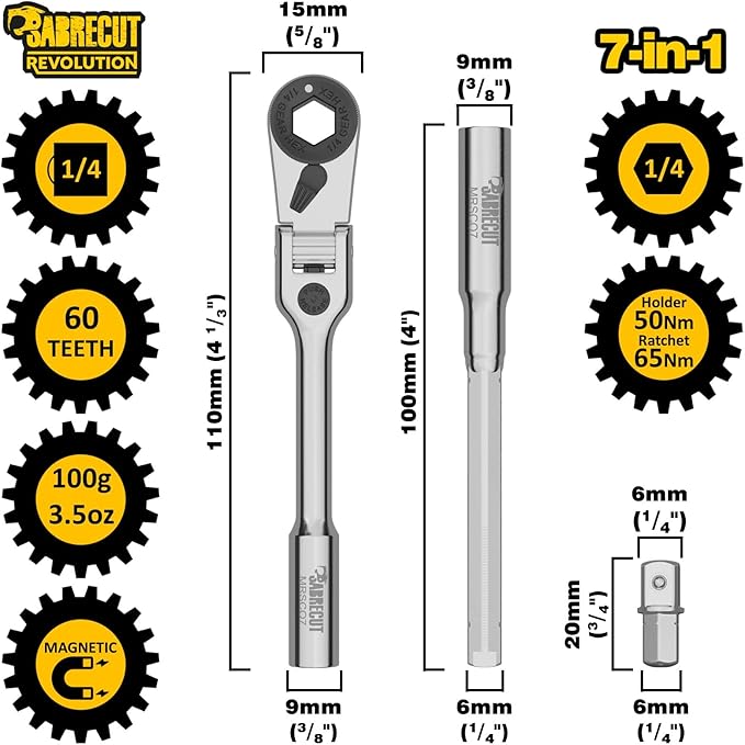 1 x SabreCut MRSC07 7-in-1 Flex Head 6.3mm 1/4" HEX Magnetic Mini Micro Ratchet with Extension Bar and 1/4" Square Drive Socket Adapter Stainless Steel Professional 60 Tooth Gear Hand Ratchet Wrench