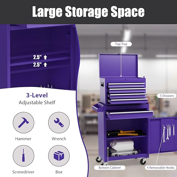 Goplus Purple Tool Chest, 5 Drawers Rolling Tool Cabinet w/Detachable Top Toolbox, Universal Lockable Wheels,Lock Bar,Protective Liner,Tool Rack, Metal Tool Storage Cart, Tool Box for Garage Workshop