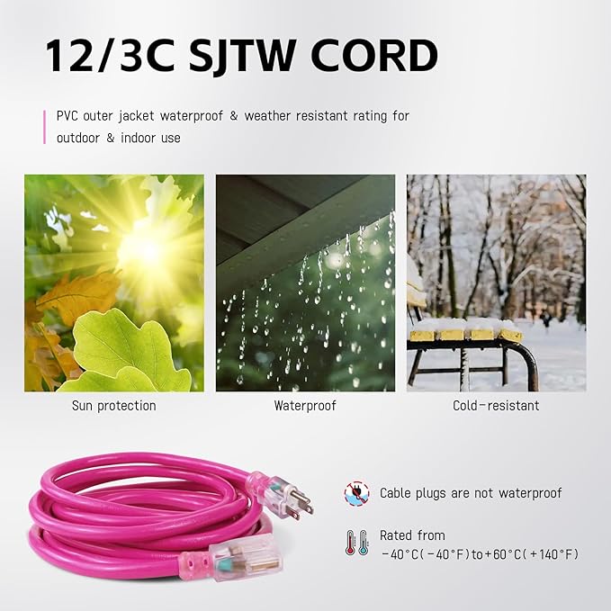 EP 10 Ft Outdoor Extension Cord, 12/3 SJTW Heavy Duty Waterproof Power Cable, 3 Prong Grounded Plug, Lighted End, for Lawn, Garden, Appliances, Pink