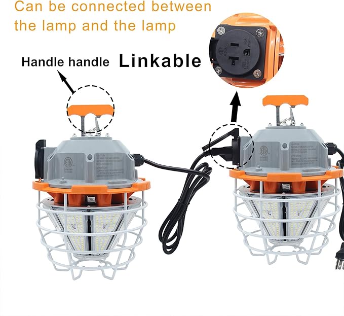 NS 150 Watts LED Temporary Work Light Fixture Daylight White 5000K 25000lm Portable Hanging Lamp Waterproof Jobsite Lighting Stainless Steel Protective Cover for Outdoor Construction High Bay Lights