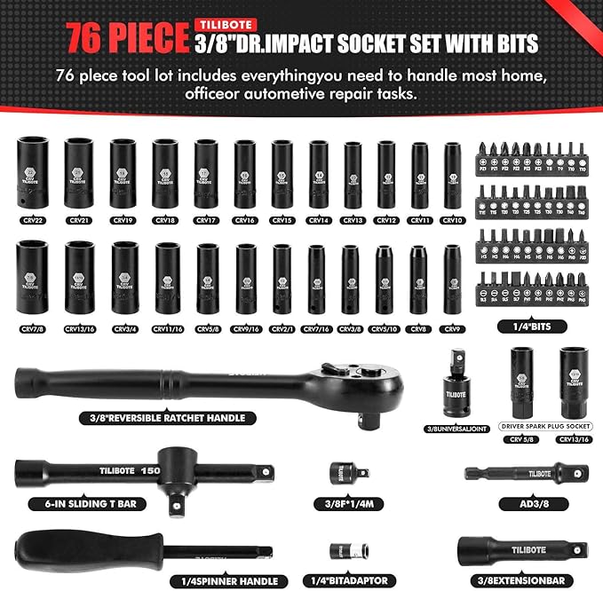 3/8“ Impact Socket Set, 74-Piece Drive 6-Point Deep Socket Wrench Set with 72-Tooth Ratchet, Standard SAE 5/16” - 7/8" & Metric 8mm - 22mm, Set for Home Use and Automotive Repair.