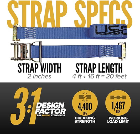 US Cargo Control E Track Straps 2" x 20' (10-Pack), 4,400 LBS Break Strength, Blue Heavy Duty E Track Ratchet Straps with 4' Fixed End and Spring E-Fittings, Logistic Tiedowns for Box Trucks, Vans