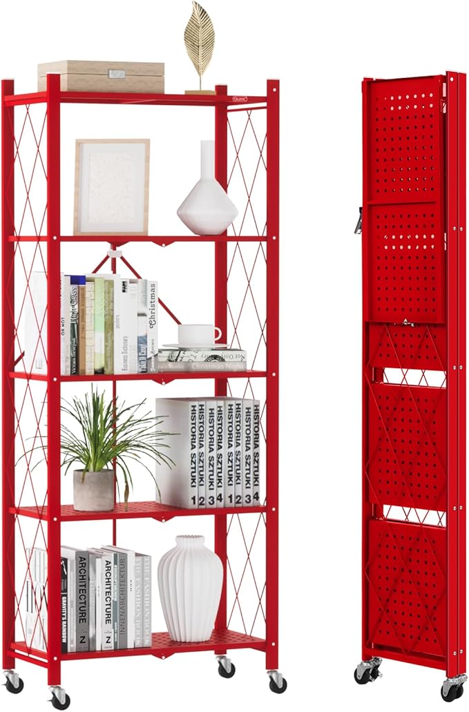 DEANIC 5-Shelf Folding Bookcase with Wheels, Heavy Duty Storage Shelves, Freestanding Metal Wire Shelving Unit for Living Room, Office, Kitchen, Basement, Pantry(Red)