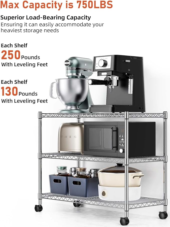 Simple Deluxe 3-Tier Heavy Duty Storage Shelves 750Lb Capacity, 24.02" D x 13.78" W x 21.97" H Shelving Unit for Pantry, Garage, Laundry and Kitchen, Chrome, 2 Pack