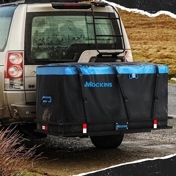Mockins 25 Cu Ft Large Trailer Hitch Cargo Carrier Bag | 60"x24"x31" Waterproof Cargo Bag for Hitch Carrier & Truck Bed | Weatherproof Vinyl Vehicle Soft-Shell Carriers Set w/Straps, Lock & Carry Case