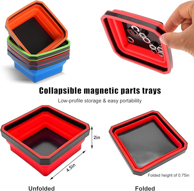 Collapsible Magnetic Parts Tray, 4.5 Inch Foldable Magnetic Square Silicone Tray, Tool Tray Set with Double-Sided Magnetic Base for Screw Bolts Nuts Pins, Car Accessories (Red)