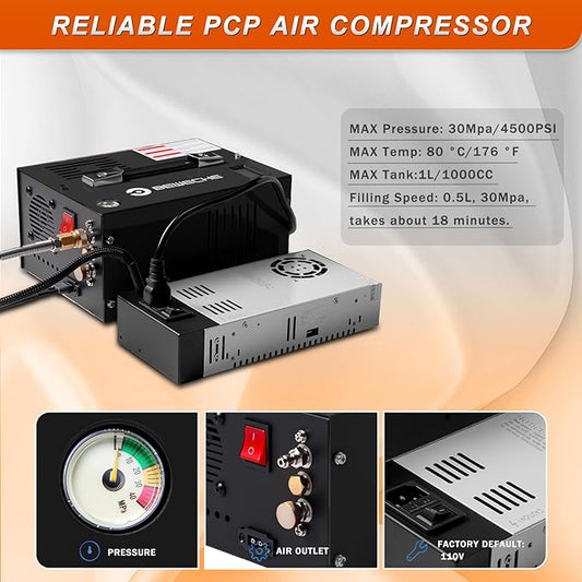 2026 New PCP Air Compressor,4500PSI/30Mpa, Oil-Free Fast Fill with Auto Shut-Off, Dual 12V Car/110V Home Power, Cooling Fan for Airgun Paintball HPA Tank Black