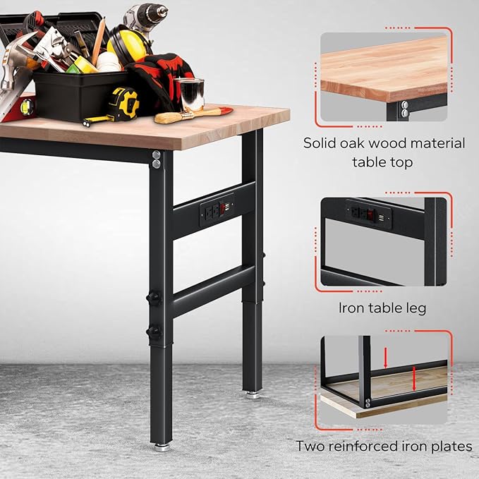 48" Work Bench for Garage, Height Adjustable Heavy Duty Rubber Wood Shop Table with Power Outlets