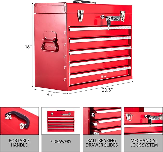 Metal Tool Box with 5 Drawers Portable Steel Tool Chest with Metal Cylinder Lock and Latch Closure, Liner, Red Powder coating, suitable for Garage, Warehouse and Outdoor Repair job