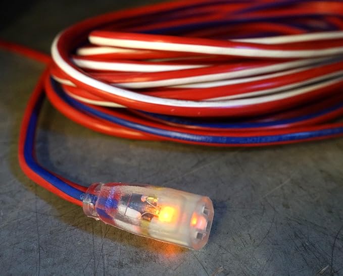 Southwire Heavy Duty Extension Cord, 50Ft, 12 Gauge, 3 Conductor, Outdoor Cord, Lighted End, SJTW, Red/White/Blue, 2548SWUSA1