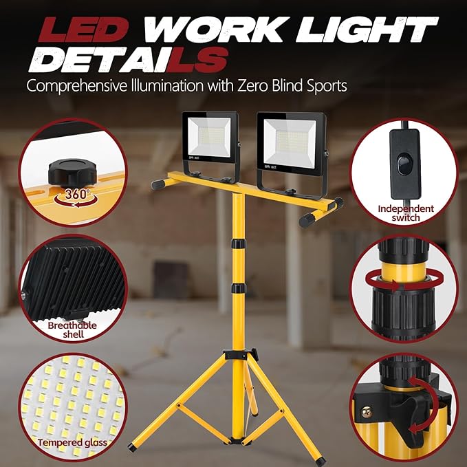 22000 Lumen Work Lights with Stand, 2 Adjustable Head LED Work Light, with Adjustable and Foldable Tripod Stand, Waterproof Lamp with Individual Switch with 6500 Kelvin Color (2-head)