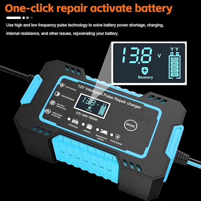 Mandark Car Battery Charger, 12V 6A Smart Fully Automotive Battery Trickle Charger, Portable Vehicle Battery Maintainer Desulfator with Temperature Compensation, Universal for SUV RV Truck (Blue)